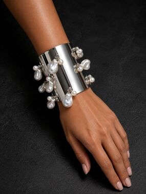 Silver Cuff Bracelet with White Pearl Charms